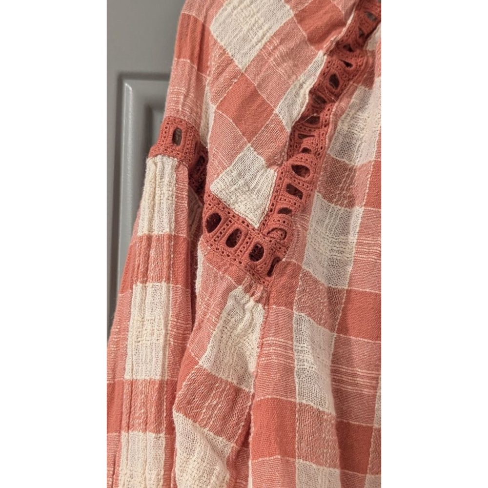 Women's Free People Coral White Plaid Blouse M - Picture 3 of 10